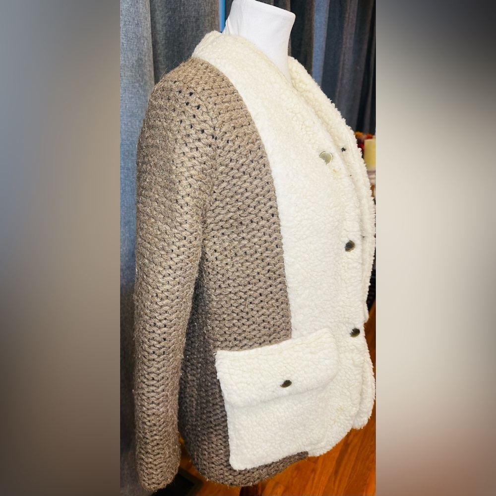 Anna Studio Wool Sherpa Knit Coat Cardigan Jacket – Brown Cream Boho Chic Medium - Picture 5 of 15